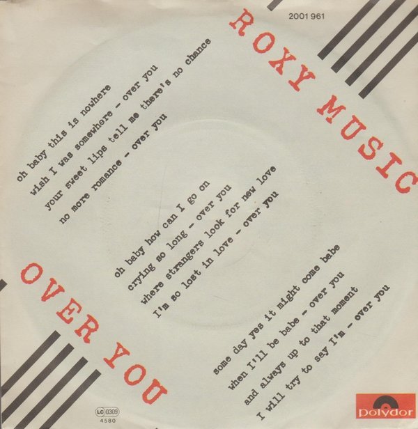 Roxy Music Over You / Manifesto 1980 Polydor 7" Single (Bryan Ferry)