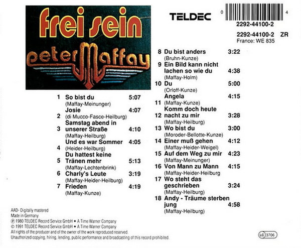 Peter Maffay Frei Sein Seine grössten Hits (Du, Josie) Teldec CD Album 1981