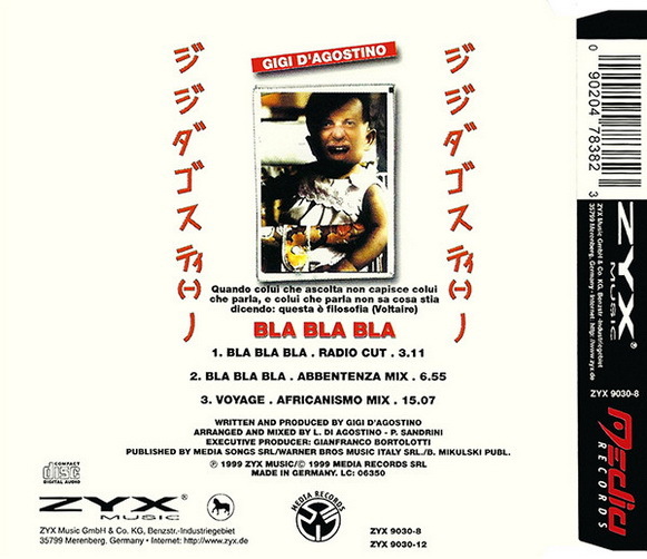 Gigi D'Agostino Bla Bla Bla 1999 ZYX CD Single 3 Tracks