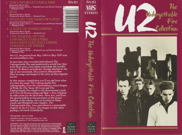 U2 The Unforgetable Fire Collection Island Visual Arts 1985 Video Cassette (VHS)
