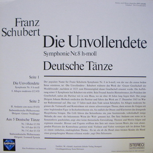 Franz Schubert Die Unvollendete Symphonie Nr.8 h-moll Günter Neidlinger 12"