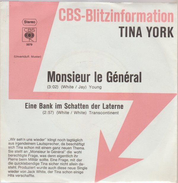 Tina York Monsieur La General * Eine Bank im Schatten der Laterne 1975 CBS 7"