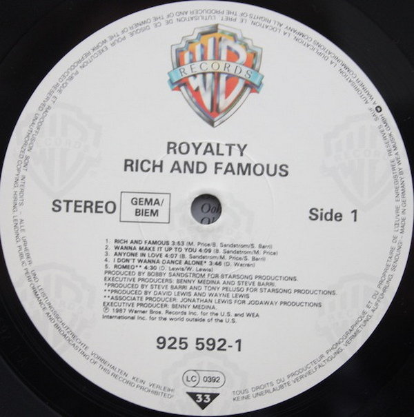 Royalty Rich And Famous (Wanna Make It Up To You) 1987 Warner Bros 12" LP
