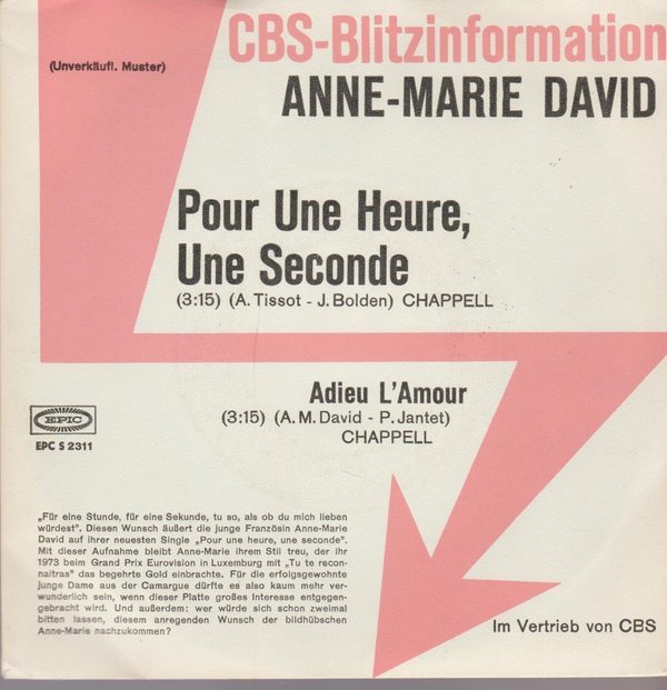 Anne Marie David Pour Une heure, Une Seconde / Adieu L`Amour 1974 Epic 7"