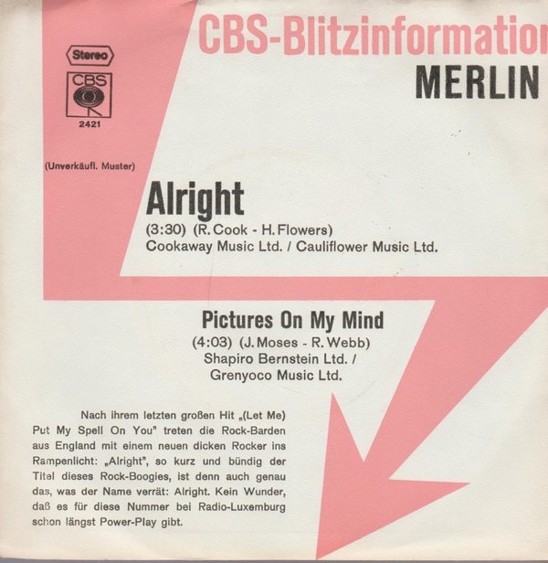 Merlin Alright / Pictures On My Mind 1974 CBS 7" Single