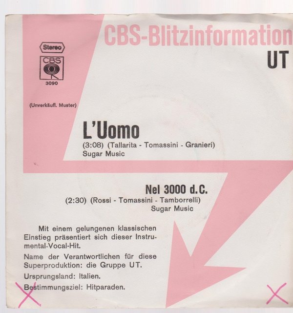 7" UT L `Uomo / Nel 3000 d.C. (Italienband) 70`s CBS 3090