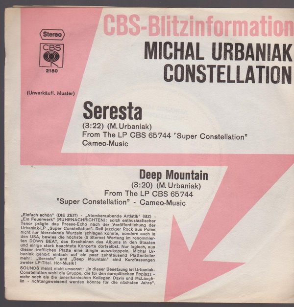 7" Michal Urbaniak Constellation Seresta / Deep Mountain 70`s CBS 2180 Jazz-Pop