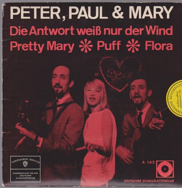 Peter, Paul & Mary Die Antwort weiß nur der Wind 7" EP (4 Titel) 60`s Warner Bros