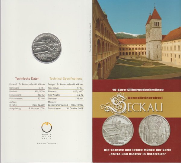 10 Euro Silbermünze 2008 Benediktinerabtei Seckau im Folder