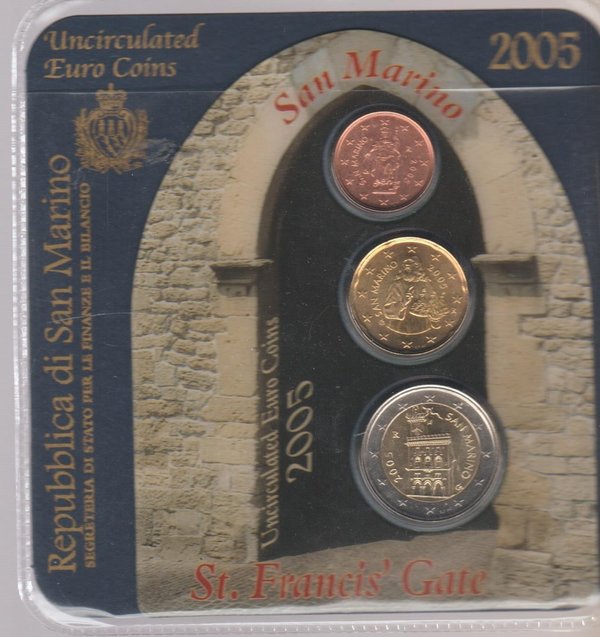 San Marino 2 Euro + 20 Cent + 2 Cent im Folder 2005 St. Franci`s Gate (TOP!)