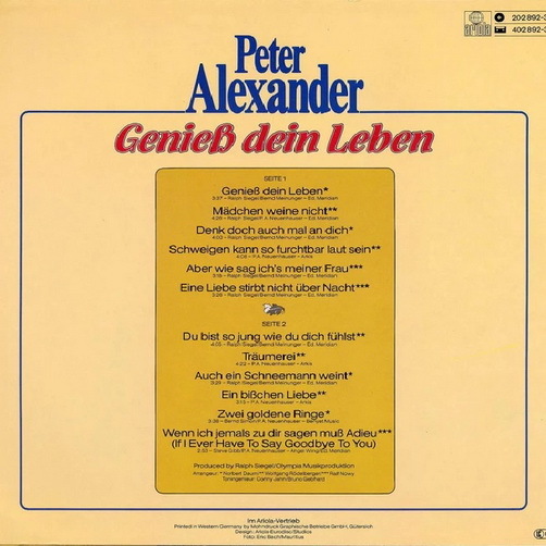 Peter Alexander Genieß Dein Leben 1980 Ariola 12" LP (Zwei goldene Ringe)