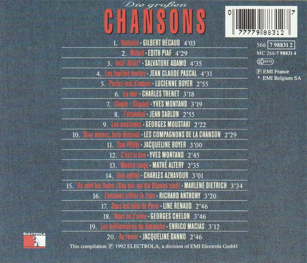 Grosse Chansons Volume 1 (Edith Piaf, Marlene Diertrich) 1992 EMI CD Album