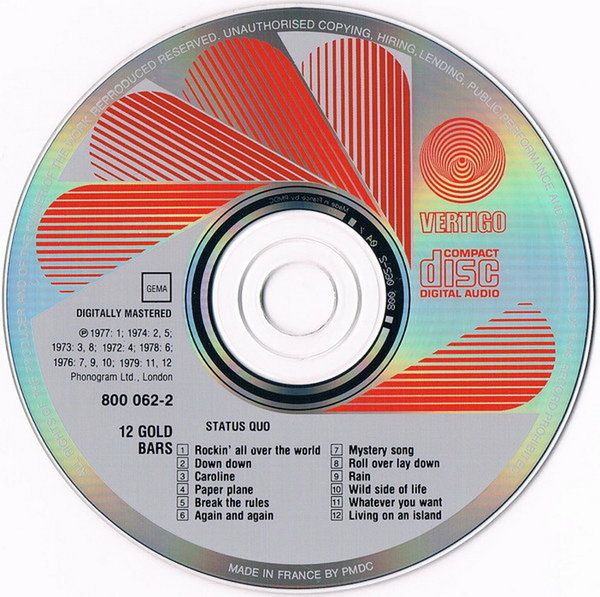 Status Quo 12 Gold Bars 1980 Vertigo CD Album (Down Down, Caroline)