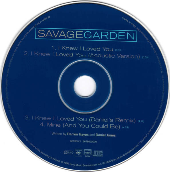 Savage Garden I Knew I Loved You 199 Sony Columbia Single CD 4 Tracks