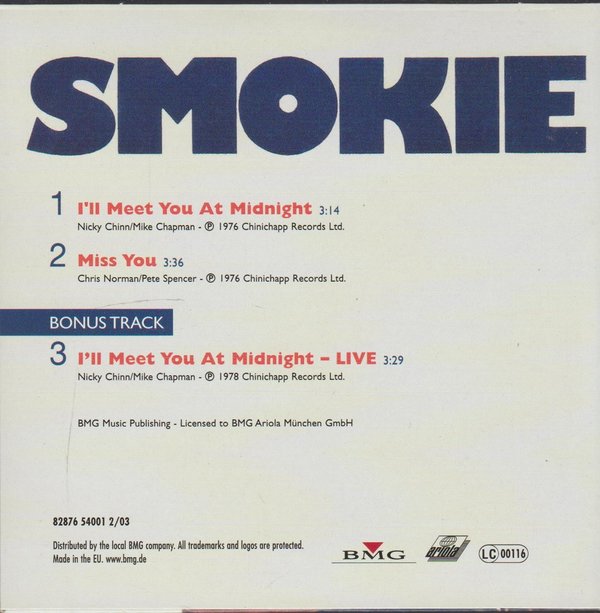 Smokie I`ll Meet You At Midnight * Miss You 1976 BMG Ariola CD Single 3 Tracks