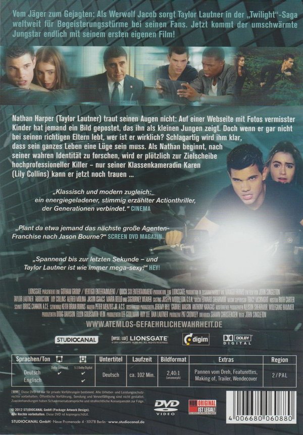 Atemlos Gefährliche Wahrheit 2012 Lionsgate Sudio Canal DVD (Taylor Lautner)