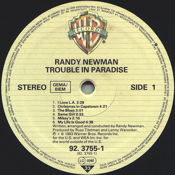Randy Newman Trouble Paradise 1983 Warner Bros 12" LP (I Love L.A.)