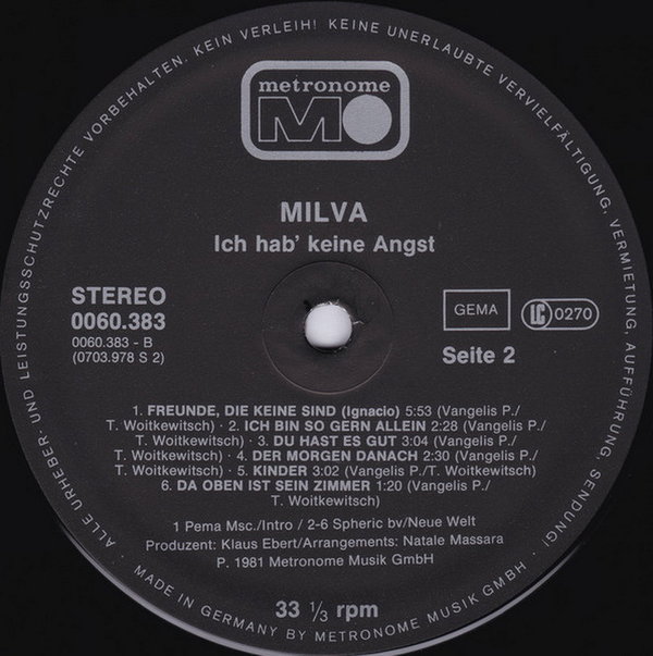 Milva Ich hab`keine Angst 1981 Metronome 12" LP (Freunde, die keine sind) TOP!