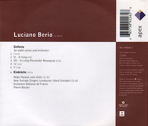Berio Sinfonia Eindrücke New Swingle Singers Orchestre National De France CD