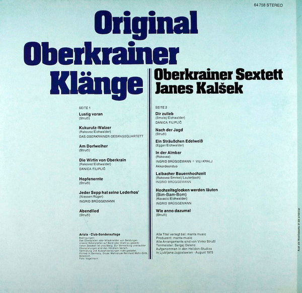 Das Oberkrainer Sextett Janes Kalsek Original Oberkrainer Klänge 12" LP Ariola