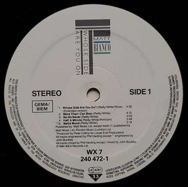 Matt Bianco Whose Side Are You On 1984 WEA Music 12" LP