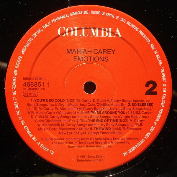 Mariah Carey Emotions 1991 Sony Columbia 12" LP (TOP)