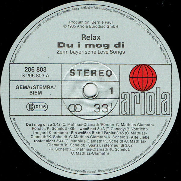 Relax Du i mog Di 10 Bayrische Love Songs 1985 Ariola 12" LP (TOP!)