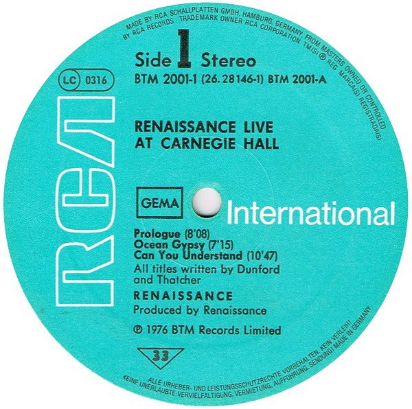 Renaissance Live At Carnegie Hall 1976 RCA Records 12" Doppel LP