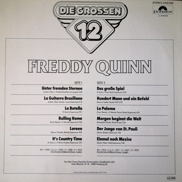 Freddy Quinn Die grossen 12 Grammophon Polydor 12" LP (La Paloma)
