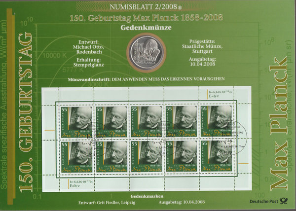 Numisblatt 2/2008 +10 €-Silbermünze Stempelglanz + Briefmarkenbogen Max Planck