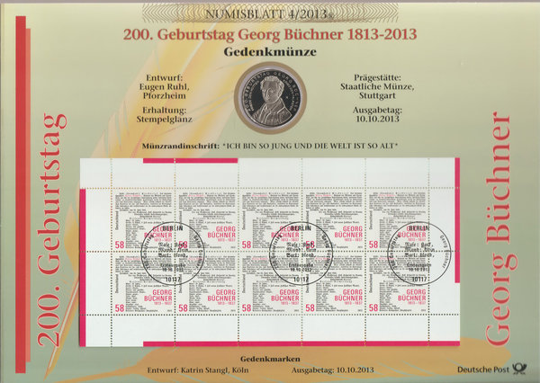 Numisblatt 4/2013 +10€ Cu-Ni Stempelglanz + Briefmarkenbogen Büchner