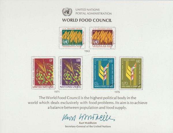 United Nations World Food Council 6 Werte 1963/71/76 gedruckt auf Folder