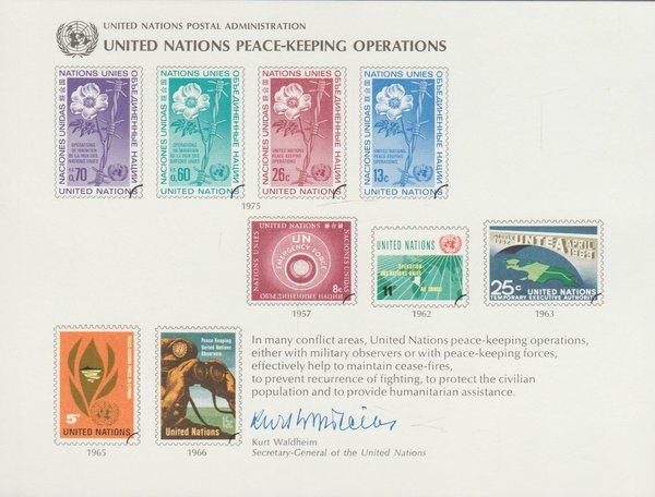 United Nations Peace-Keeping Operations 9 Werte 1965/1975 gedruckt auf Folder