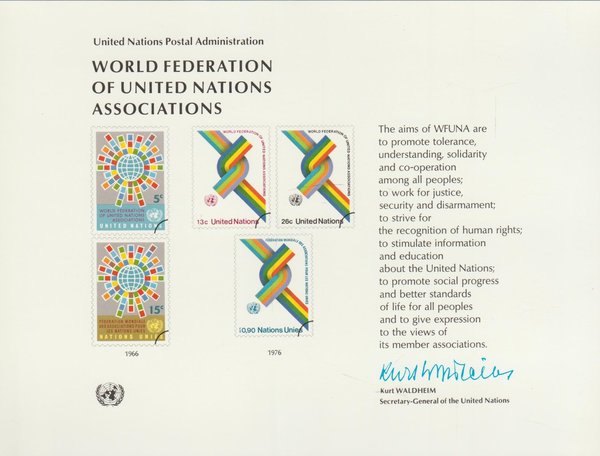 United Nations World Federation 5 Werte 1966/1976 gedruckt auf Folder