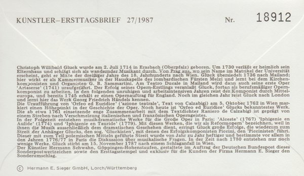Künstler-Ersttagsbrief Willibald Gluck 1987 Michel 1343 Kuvert 18912