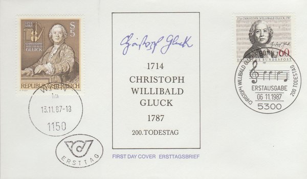 Ersttagsbrief Willibald Gluck 1987 Michel 1343 + Michel AT 1908