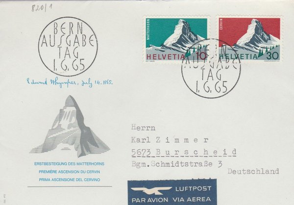 Schweizer Alpen 1965 Michel 820/821 Schweiz Ersttagsbrief gestempelt