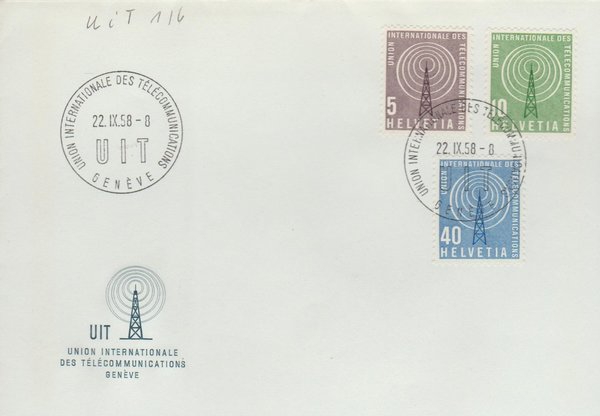 Schweiz Telekommunikation 1958 MI UIT 1/2/4 gestempelt Ersttagsbrief
