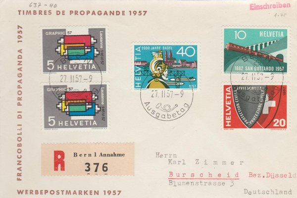 Schweiz Werbepostmarken Jahresereignisse MI 637-640 gestempelt Brief 1957