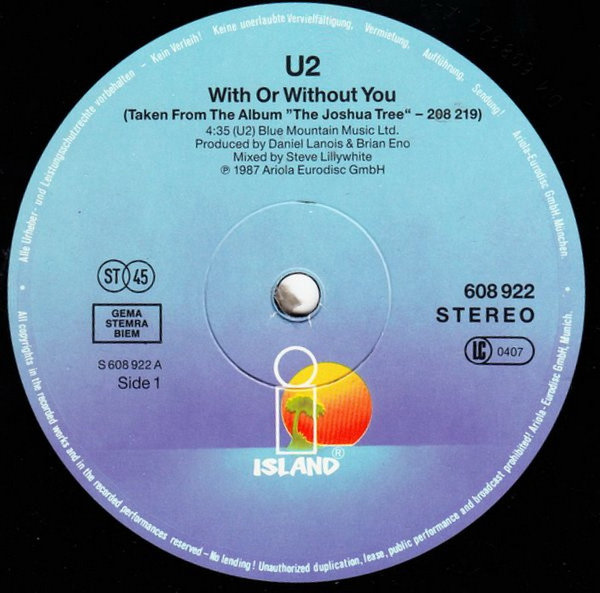 U2 With Or Without You * Luminous Times 1987 Island 12" Maxi Vinyl